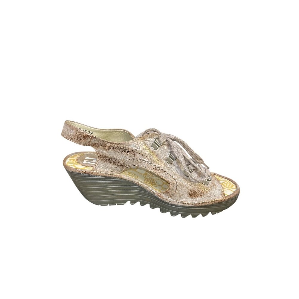 NWT Fly London Gold Metallic Slingback Wedge Shoes Size 8.5 - Picture 3 of 8